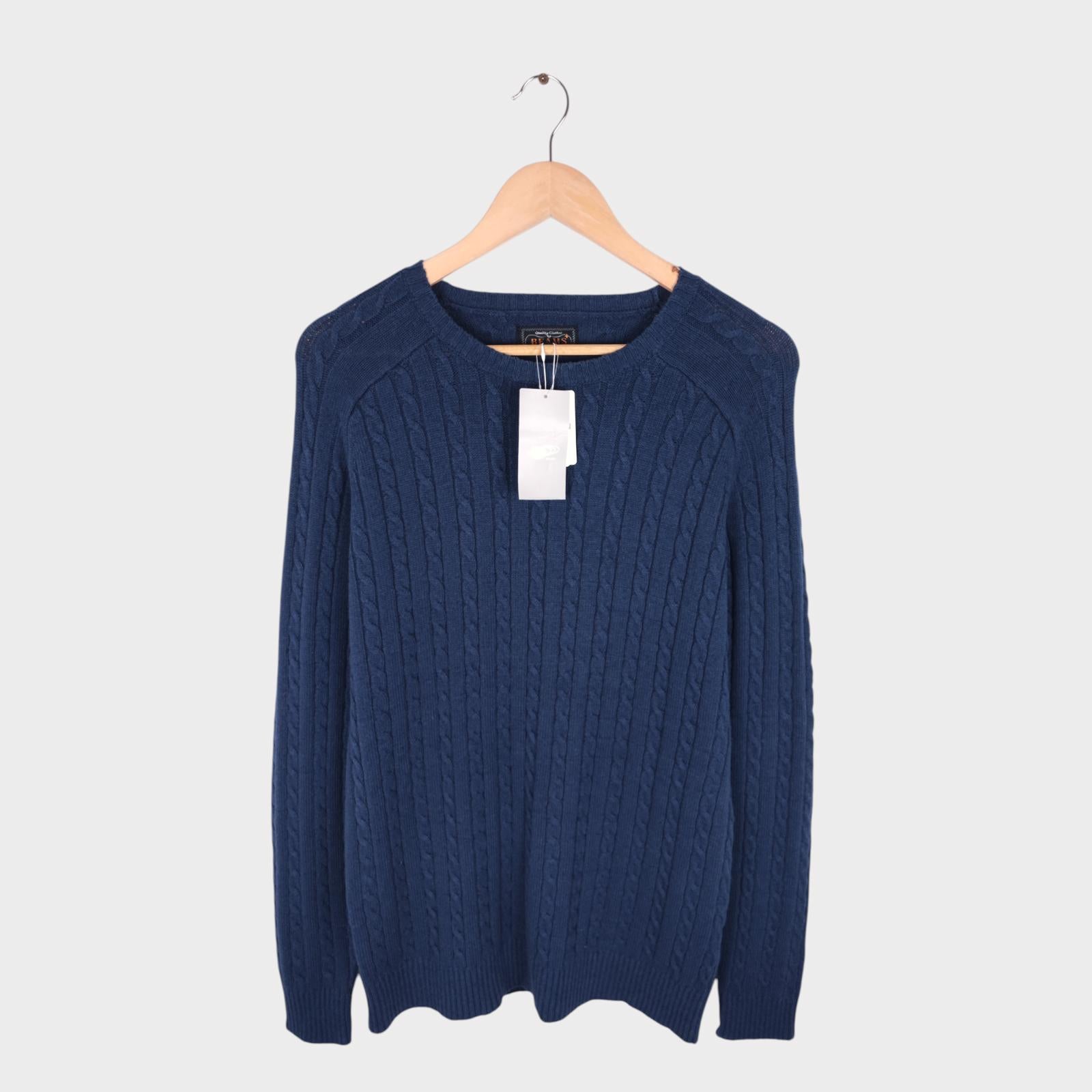 BEAMS PLUS Men's Navy Blue Linen/Cotton Blend Cable Knit Jumper