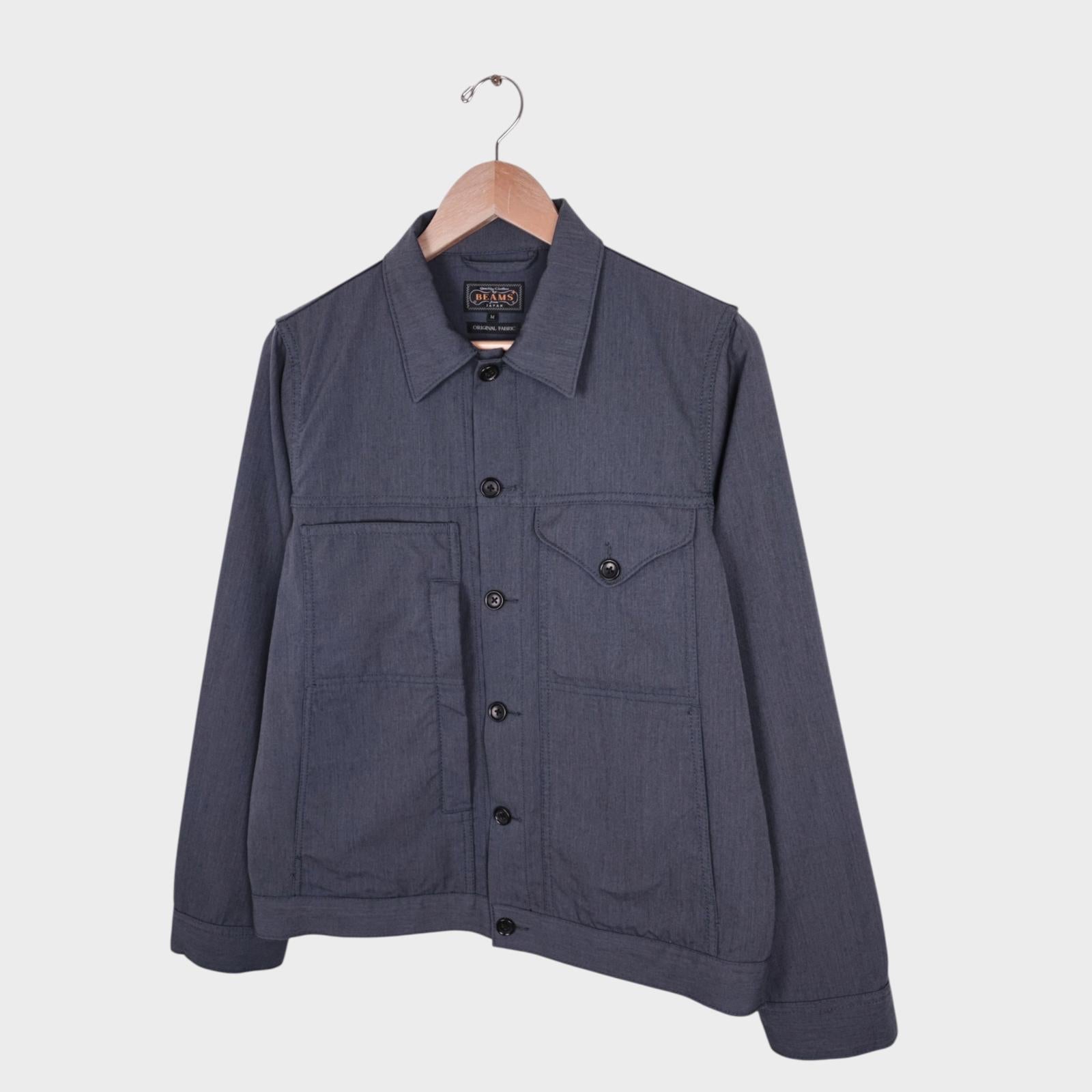 BEAMS PLUS Men's Grey Wool Blend Cordura Fabric Trucker Jacket