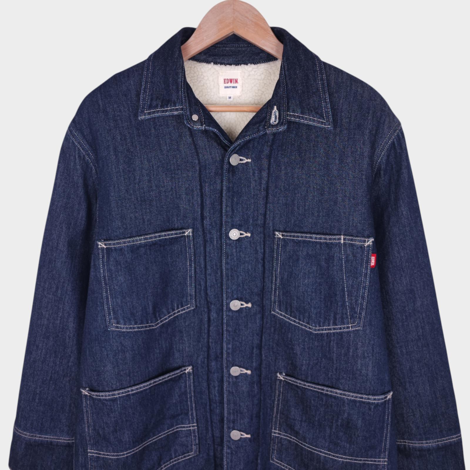 EDWIN Japan Men's Blue Denim Fleece Lined Chore Jacket