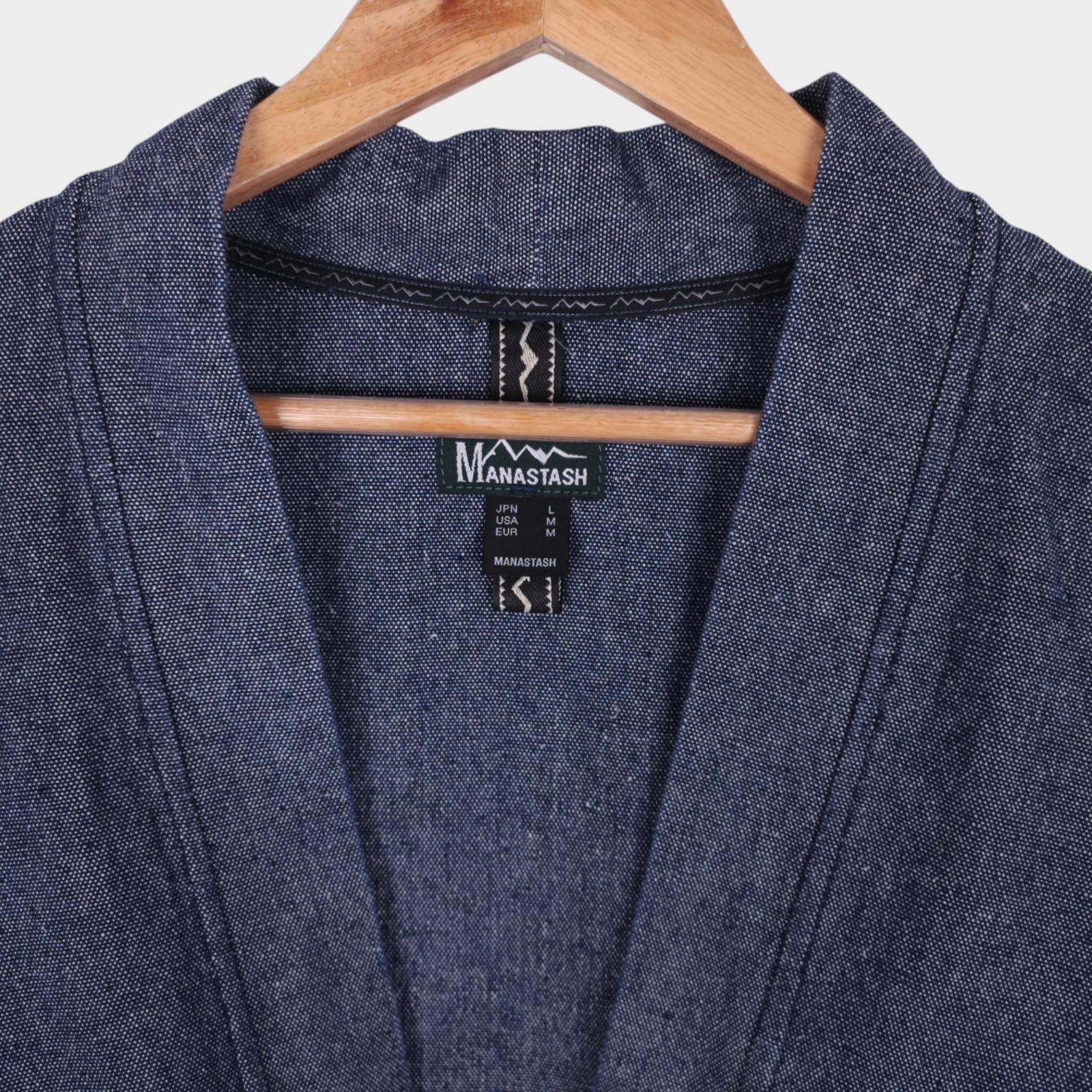 MANASTASH Men's Blue Hemp/Cotton Blend Heavyweight Denim Kimono Jacket