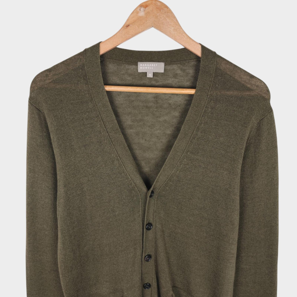 MHL MARGARET HOWELL Men's Green Linen Cotton Silk Knitted Cardigan