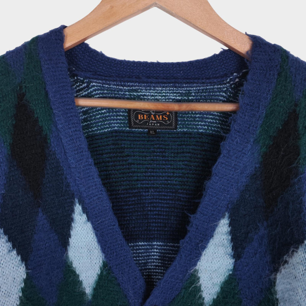 BEAMS PLUS Men's Mohair Blend Shaggy Grunge Argyle Cardigan
