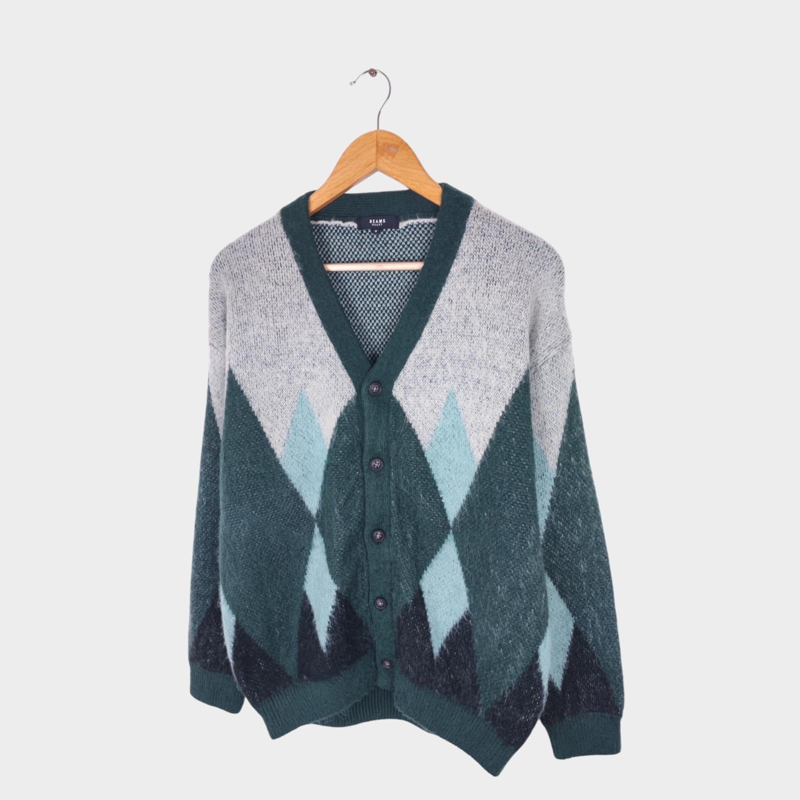 BEAMS HEART Men's Green Shaggy Grunge Argyle Cardigan