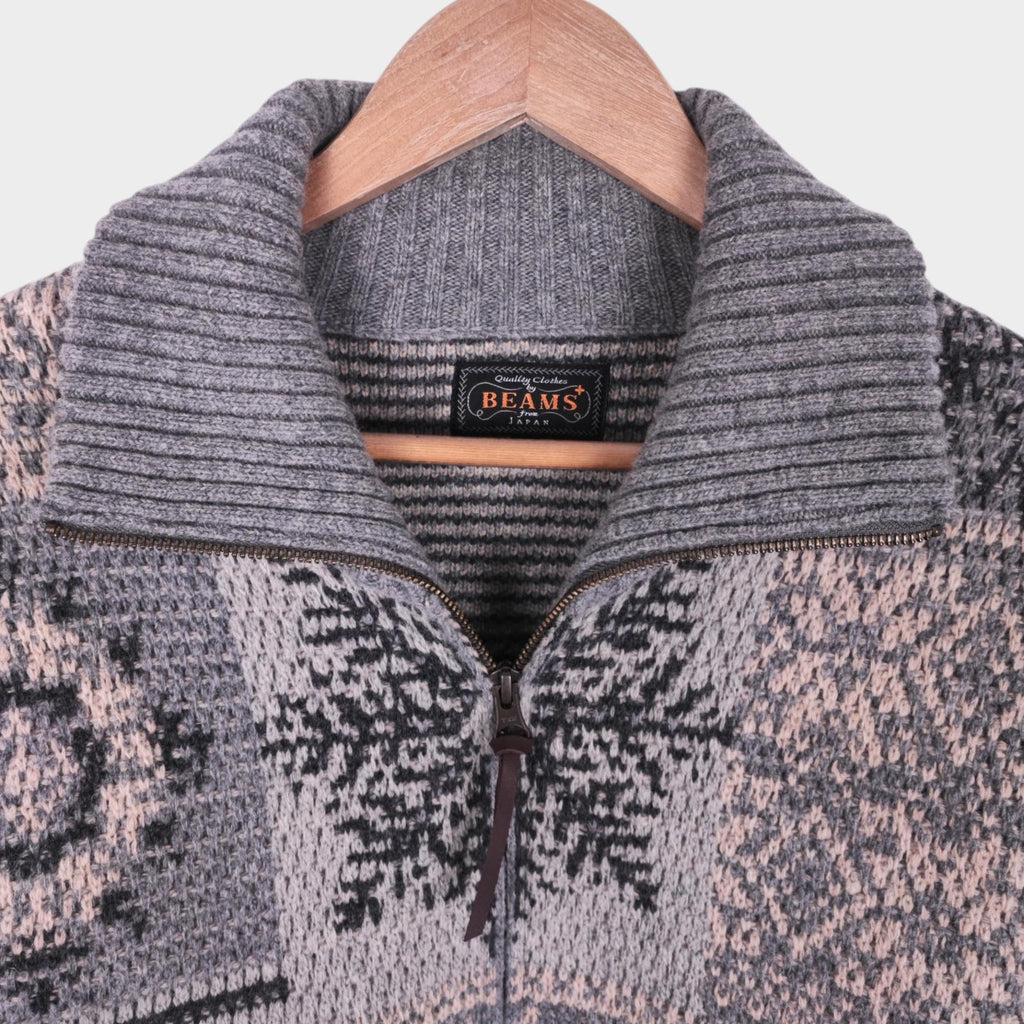 BEAMS PLUS Men's Grey 100% Heavyweight Wool Jacquard Patchwork Jacket