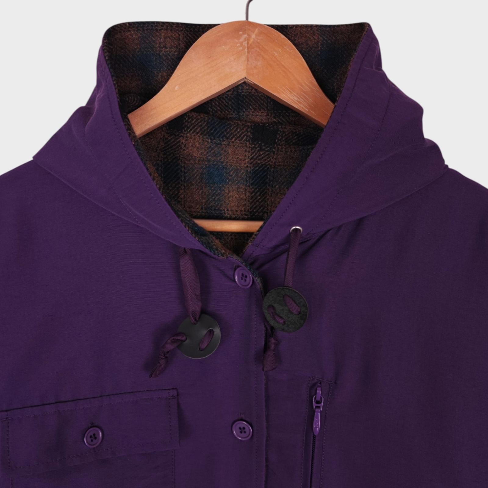 BEAMS PLUS Men's Purple/Checked Reversible Wool Blend Mountain Parka Jacket