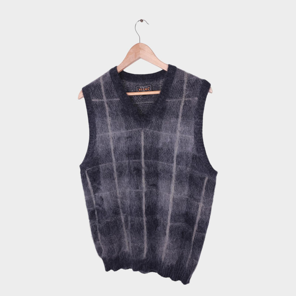 BEAMS PLUS Men's Grey Check Shaggy Mohair Wool Blend Vest