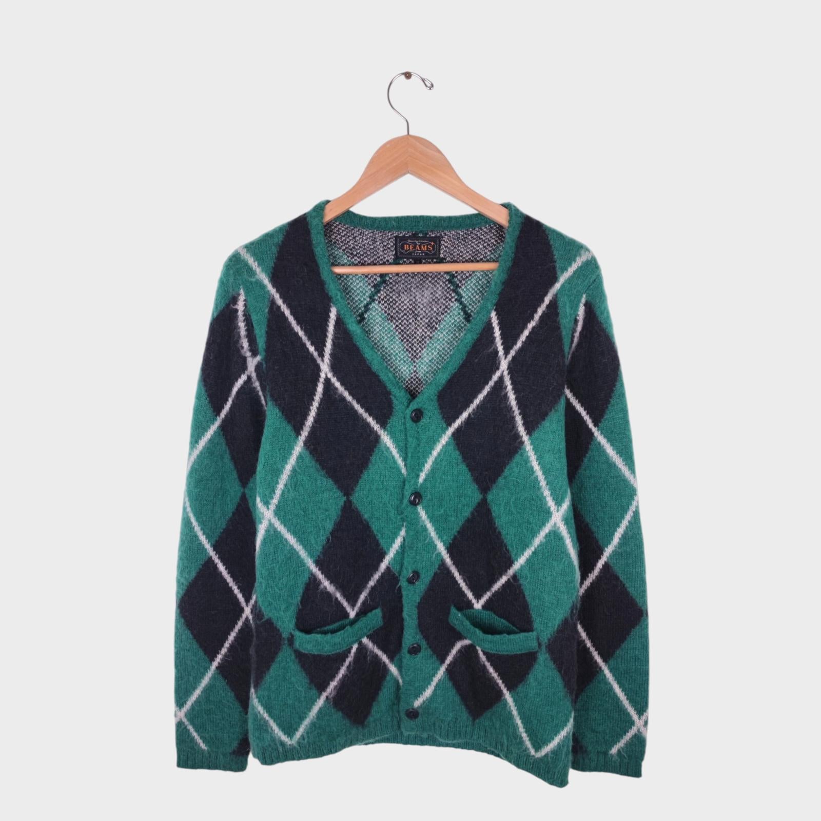 BEAMS PLUS Men's Mohair Blend Shaggy Grunge Argyle Cardigan