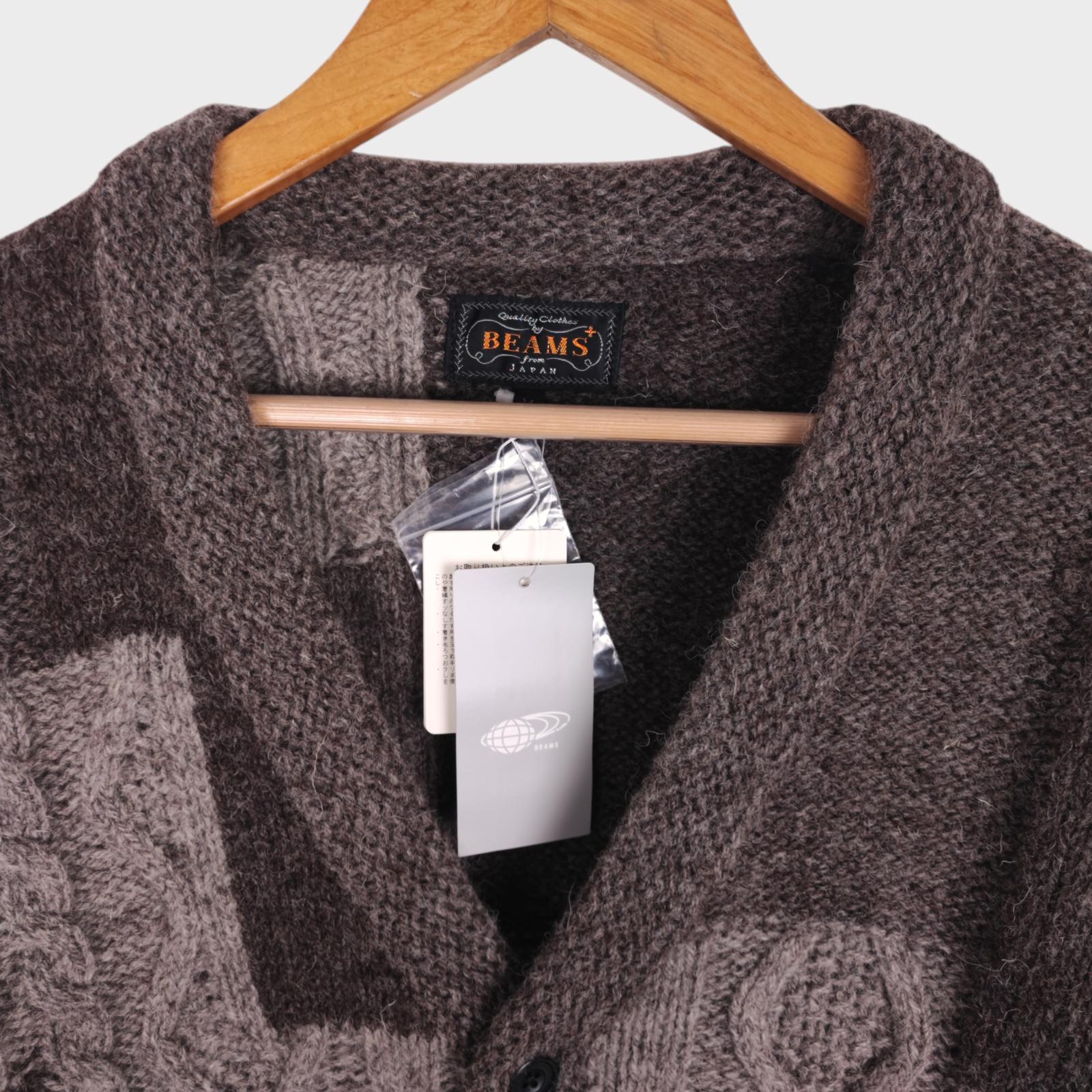 BEAMS PLUS Men's 100% Wool Patchwork Knit Cardigan