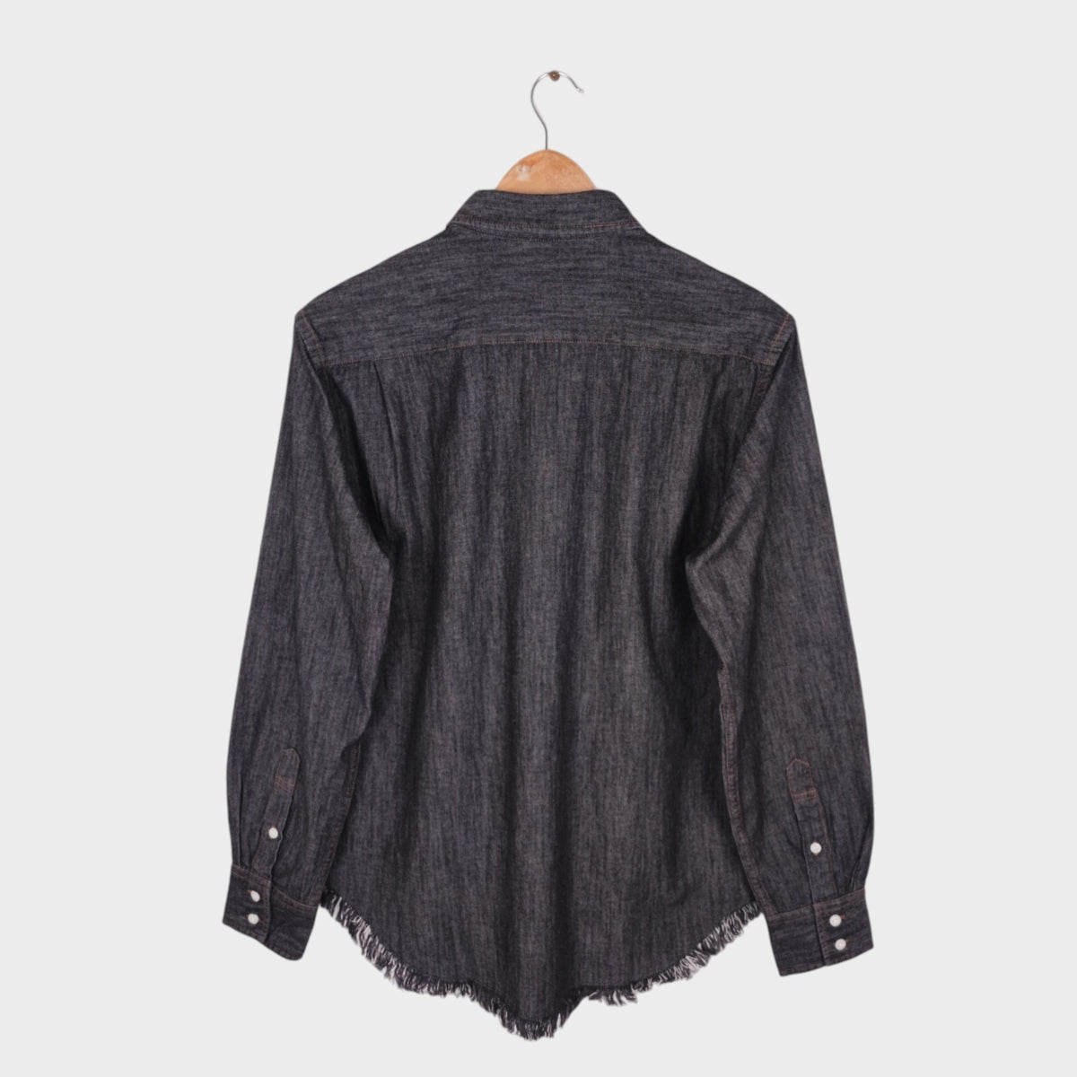 BEAMS Men's Dark Grey Denim Fringed Western Shirt