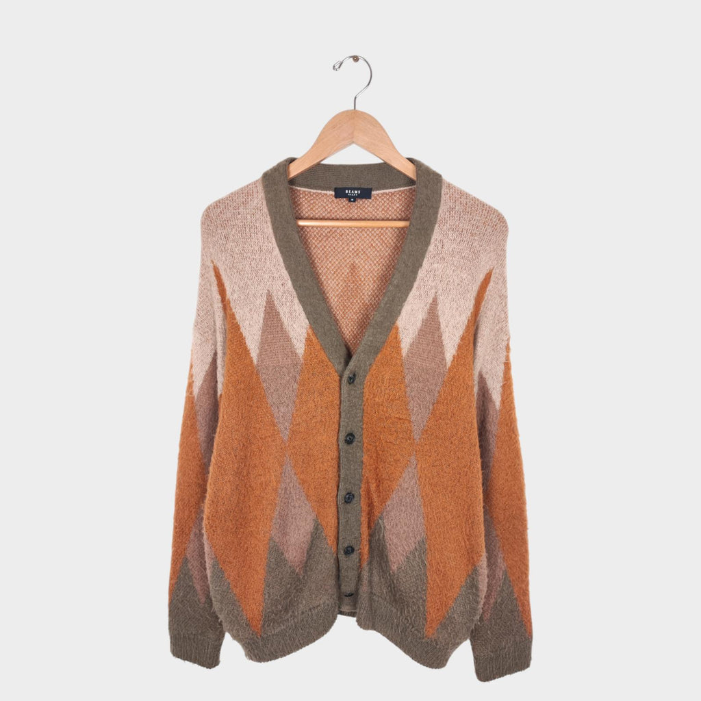 BEAMS HEART Men's Mohair Blend Shaggy Grunge Argyle Cardigan