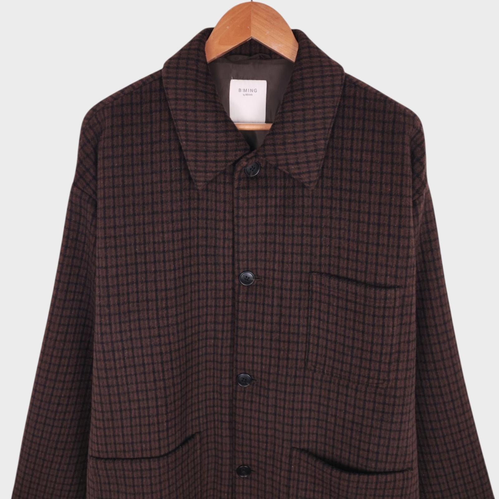 BEAMS B:MING Men's Brown Check Tasmania Wool Blend Chore Jacket