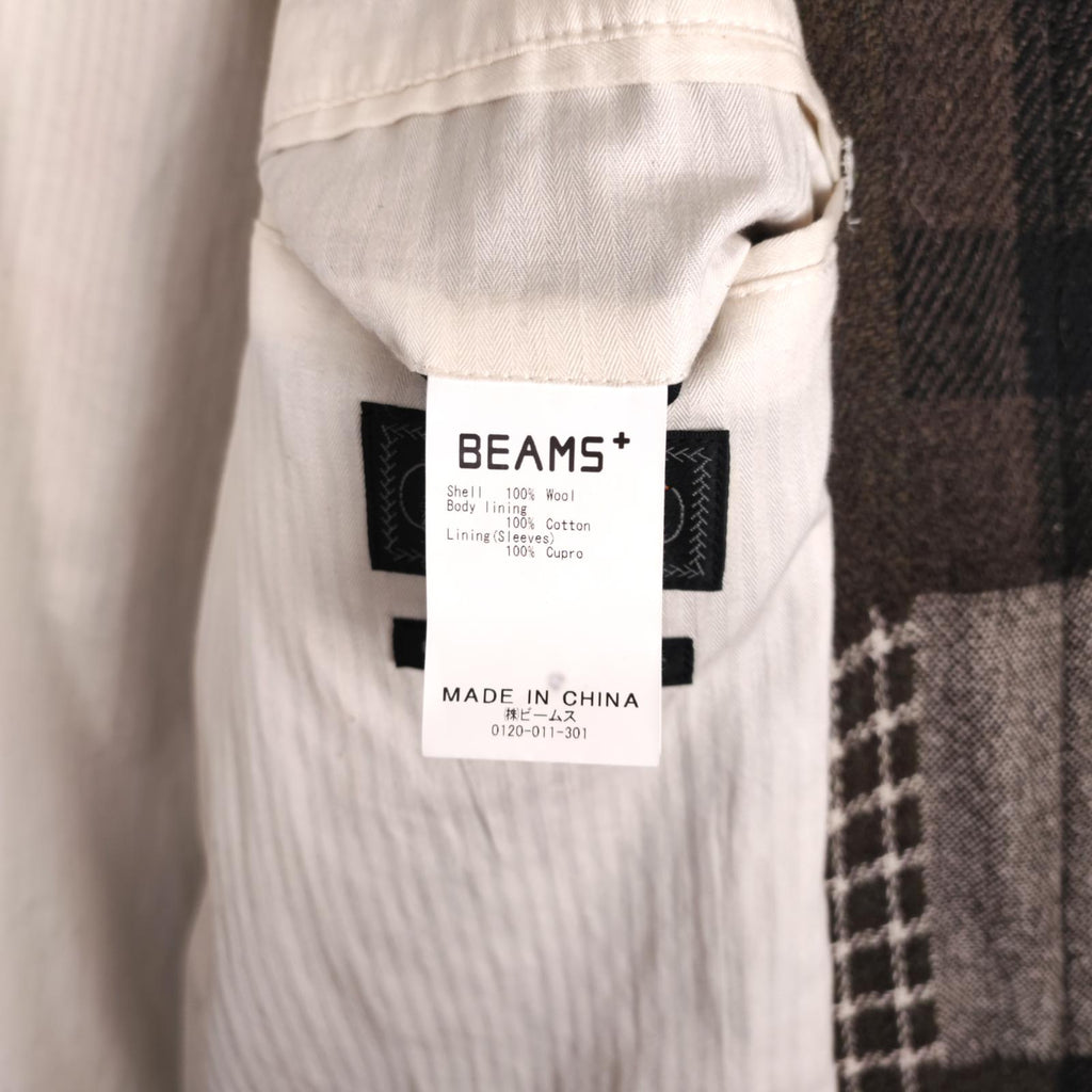 BEAMS PLUS Men's Khaki/Brown 100% Wool Patchwork Coat