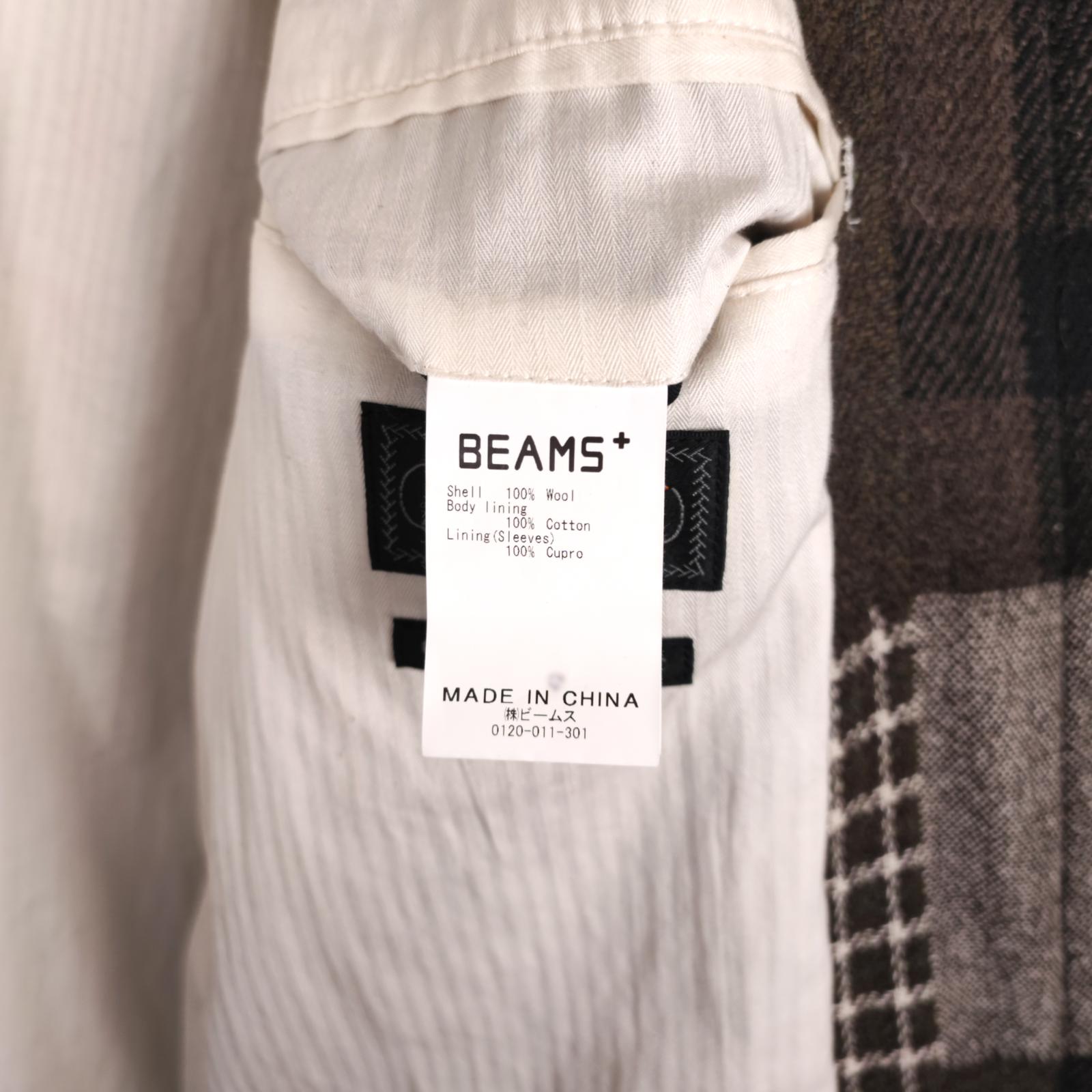 BEAMS PLUS Men's Khaki/Brown 100% Wool Patchwork Coat