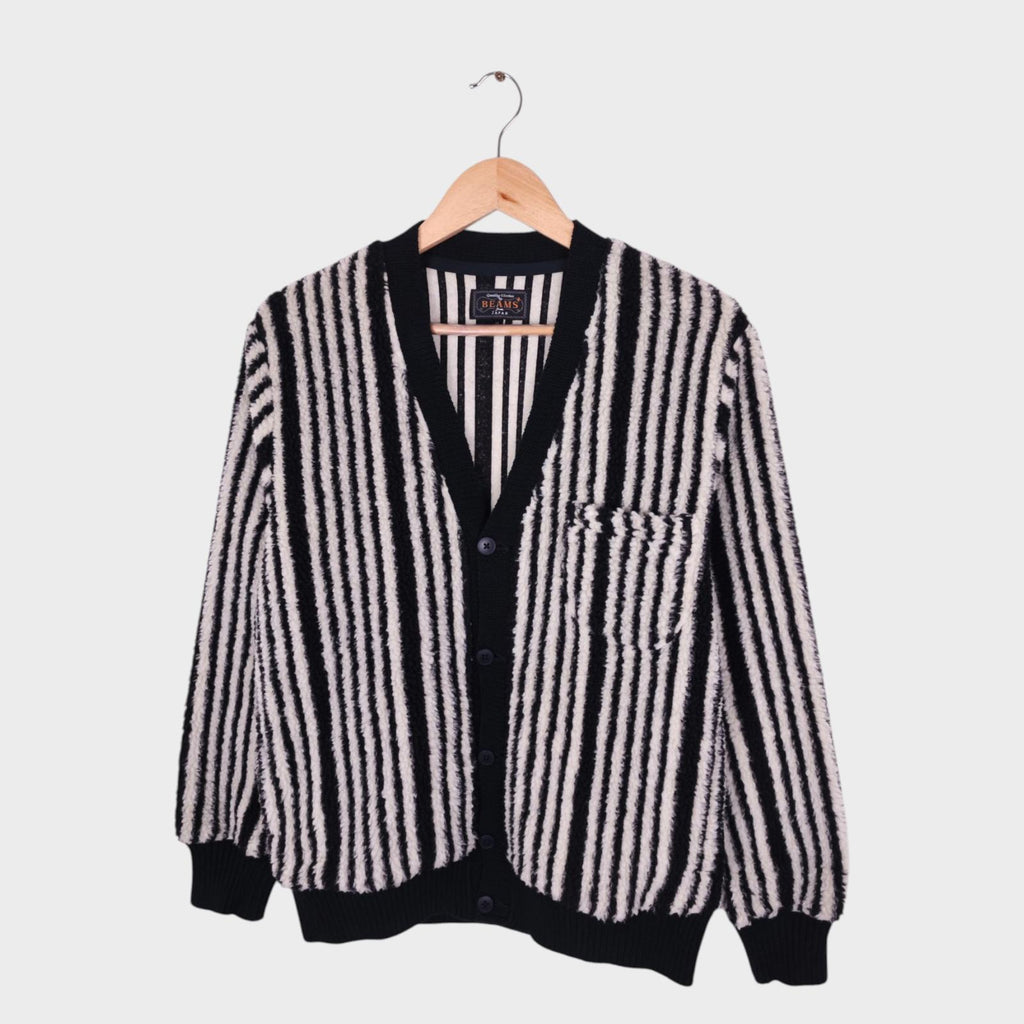 BEAMS PLUS Men's Black & White Striped Fleece Cardigan