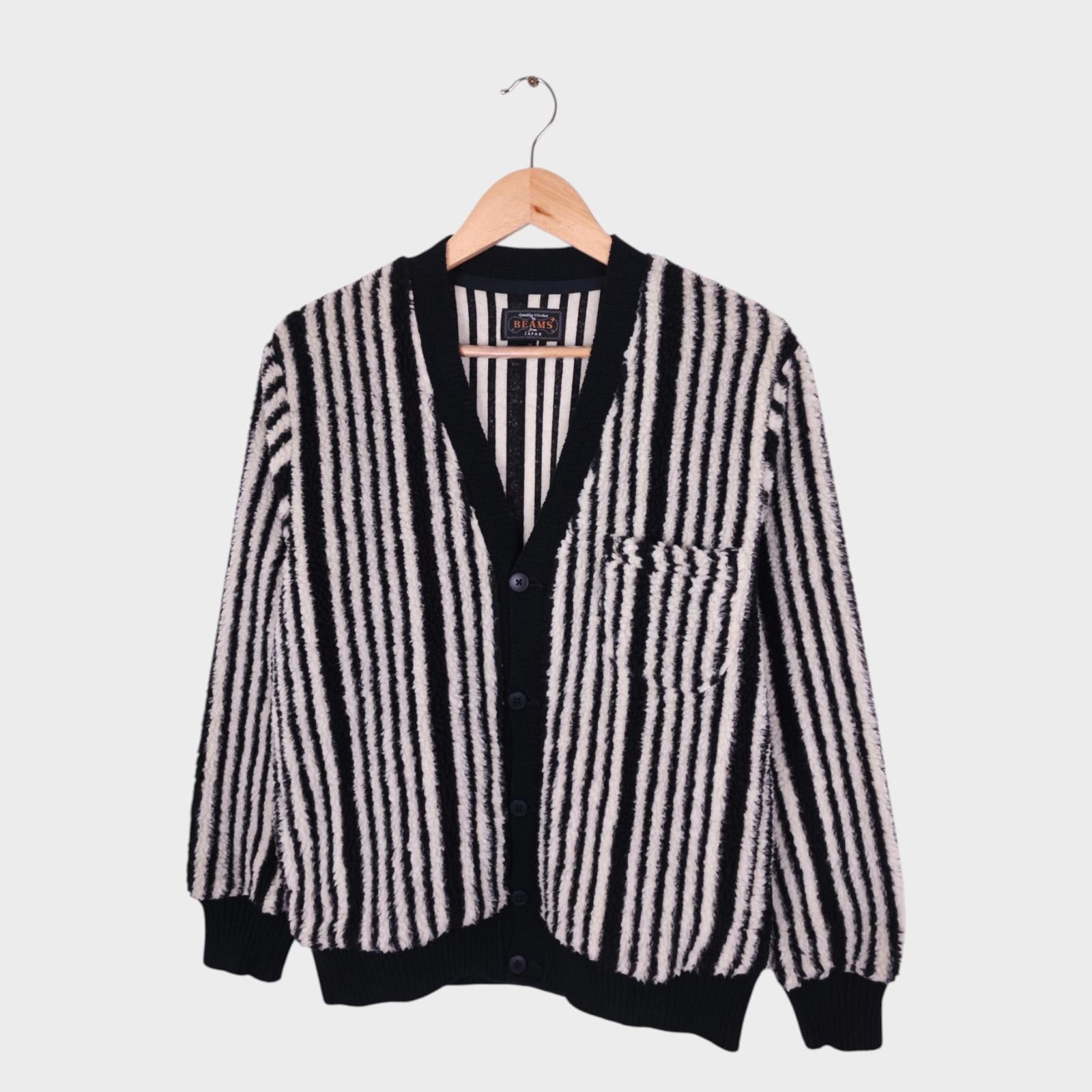 BEAMS PLUS Men's Black & White Striped Fleece Cardigan