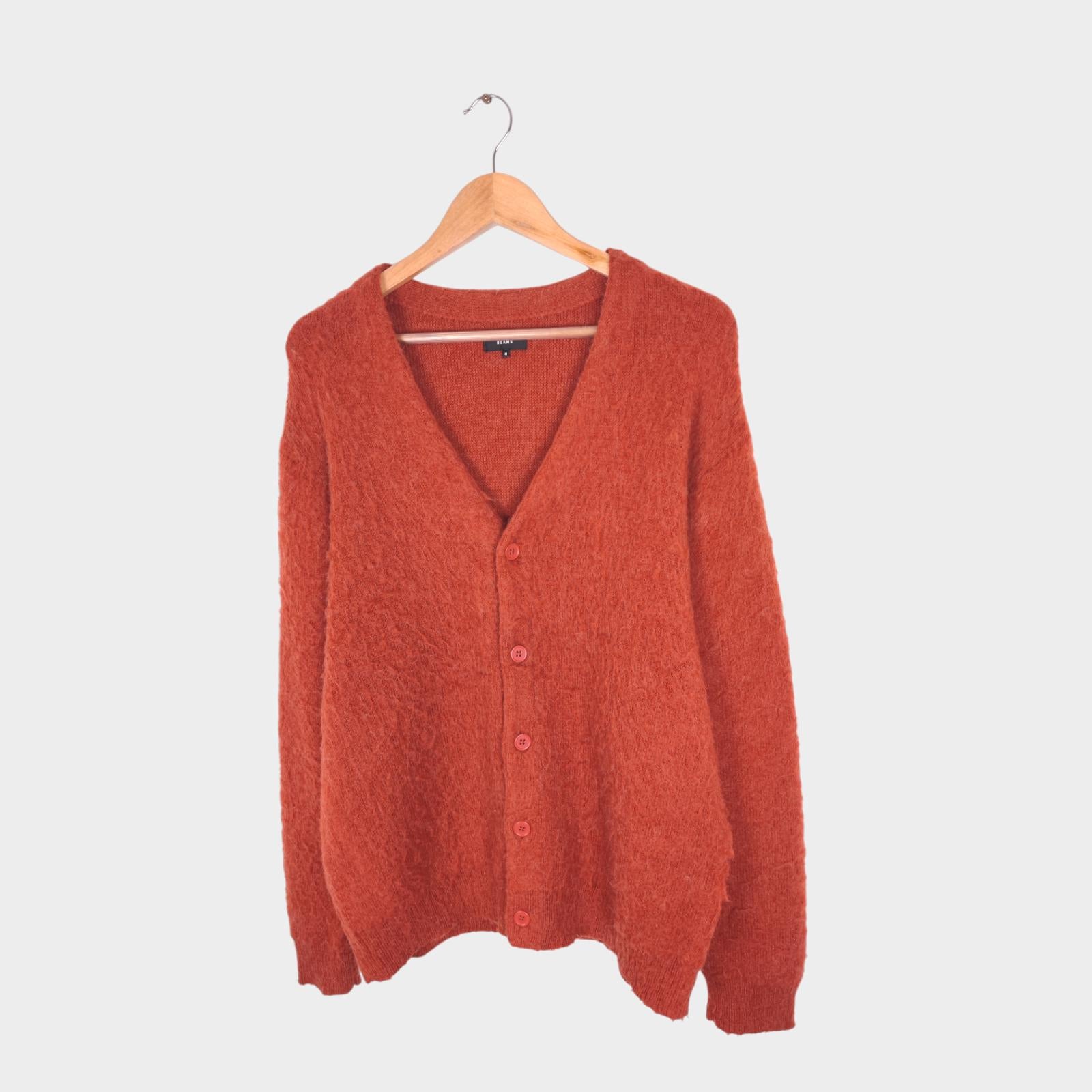 BEAMS Men's Orange Mohair Blend Shaggy Grunge Cardigan