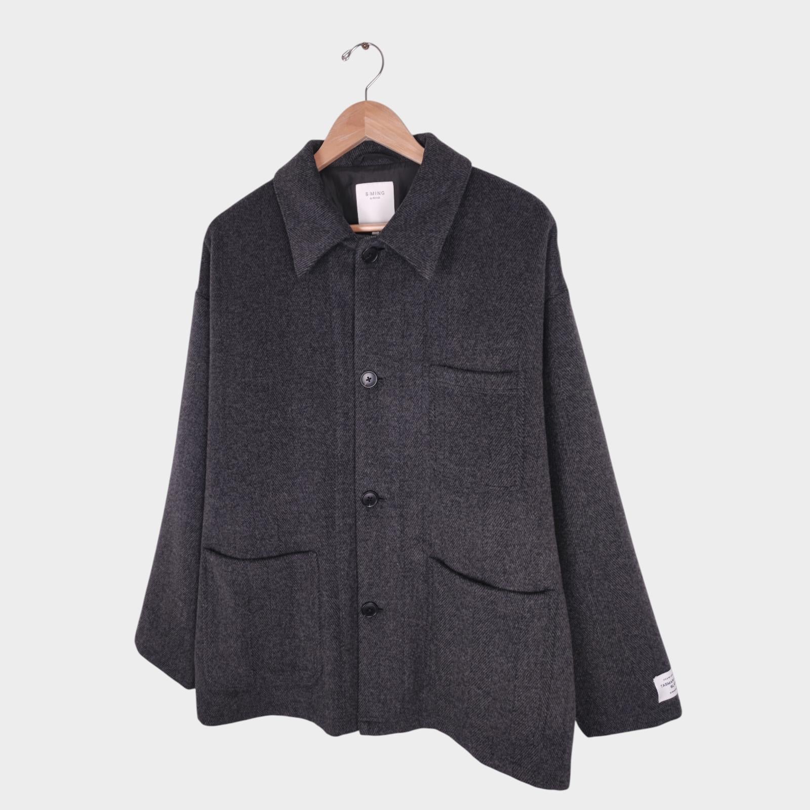 BEAMS B:MING Men's Grey Herringbone Tasmania Wool Blend Chore Jacket