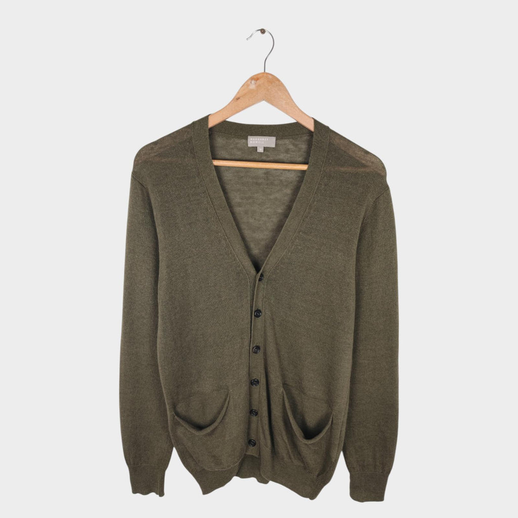 MHL MARGARET HOWELL Men's Green Linen Cotton Silk Knitted Cardigan