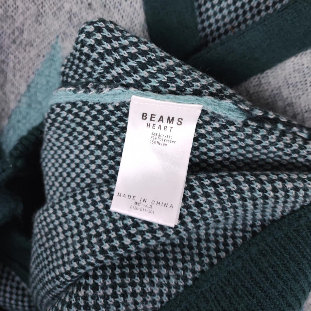 BEAMS HEART Men's Green Shaggy Grunge Argyle Cardigan