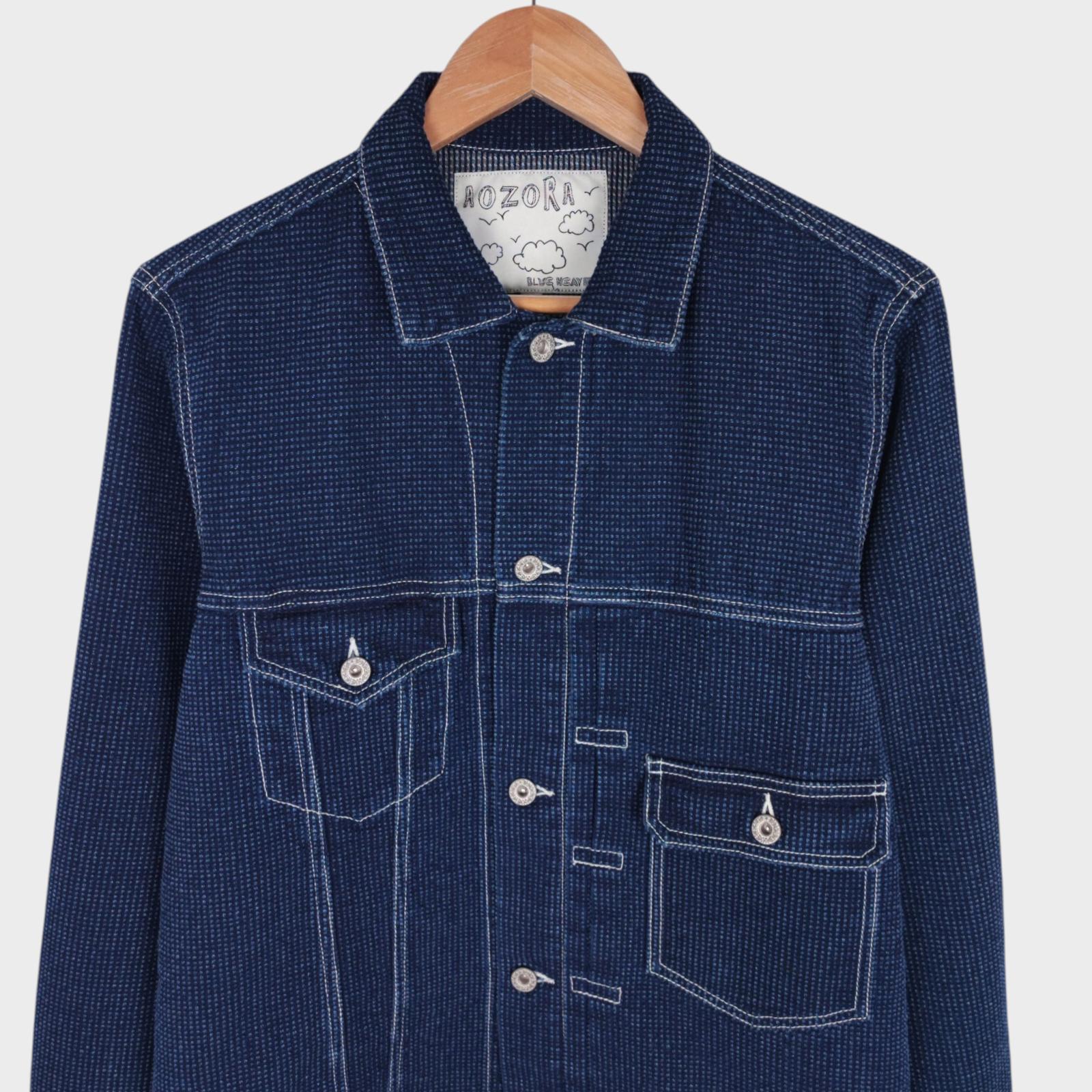 AOZORA BLUE HEAVEN Men's Blue Japanese Sashiko Weave Trucker Jacket