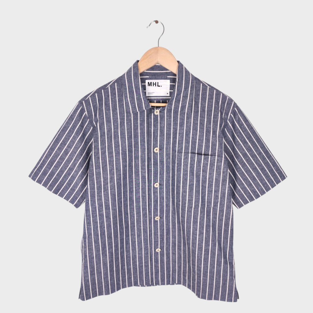 MHL MARGARET HOWELL Men's Blue Short Sleeved Striped Cotton/Linen Shirt