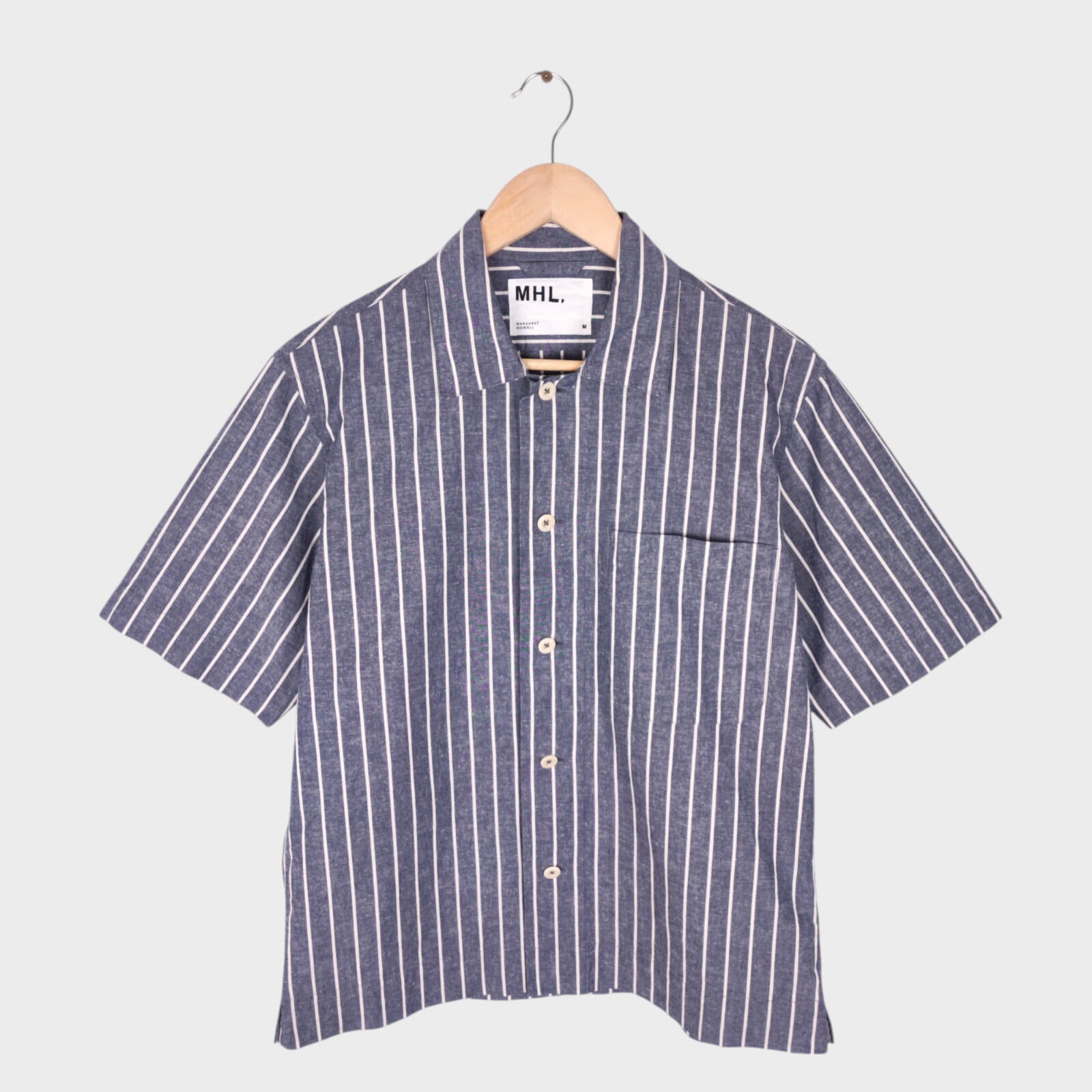 MHL MARGARET HOWELL Men's Blue Short Sleeved Striped Cotton/Linen Shirt