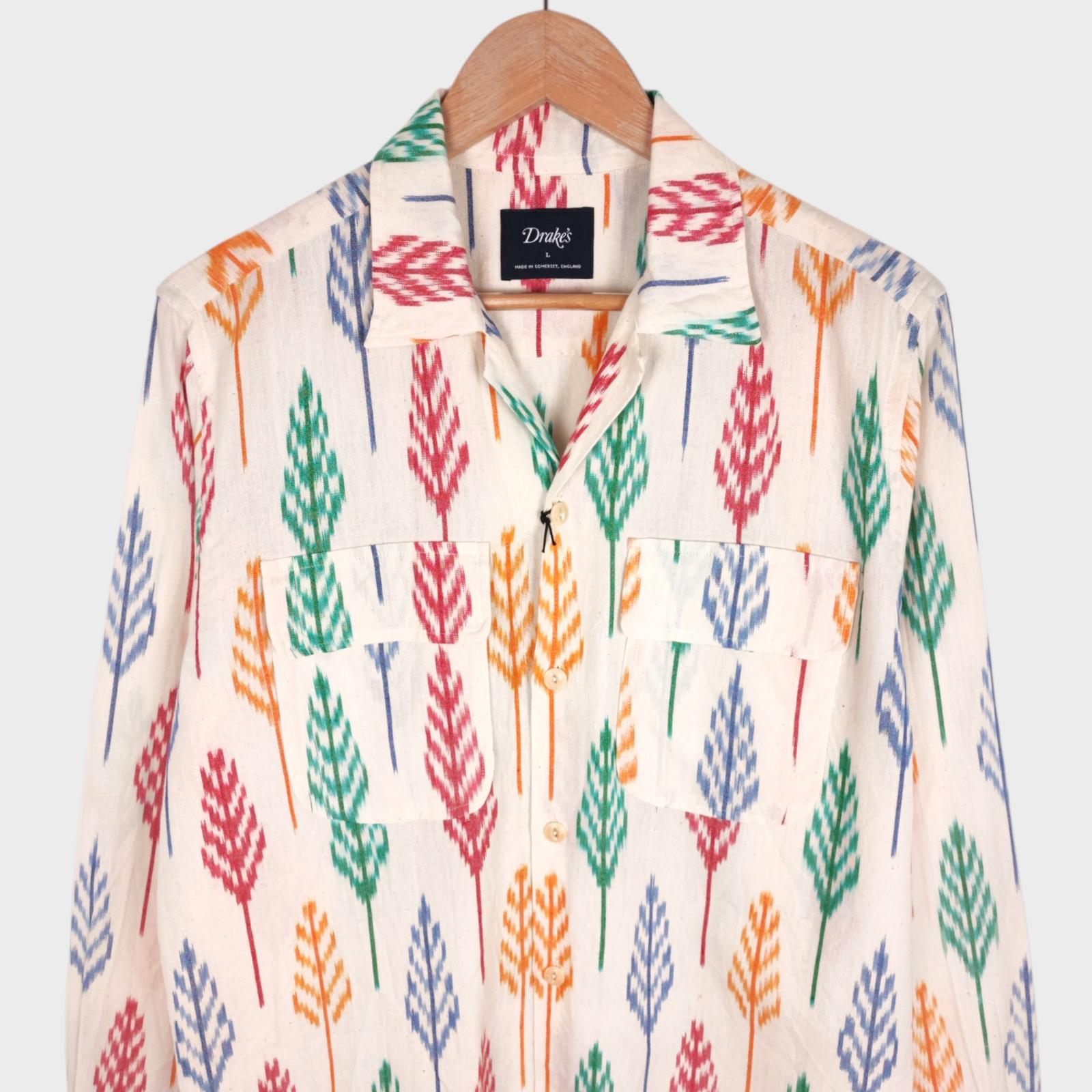 DRAKE'S Men's Made in England Camp Collar Ikat Shirt