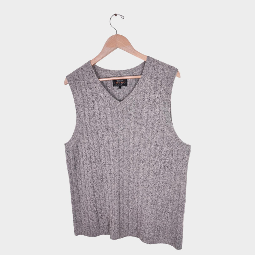 BEAMS PLUS Men's Grey Wool Silk Blend Cable Knit Vest
