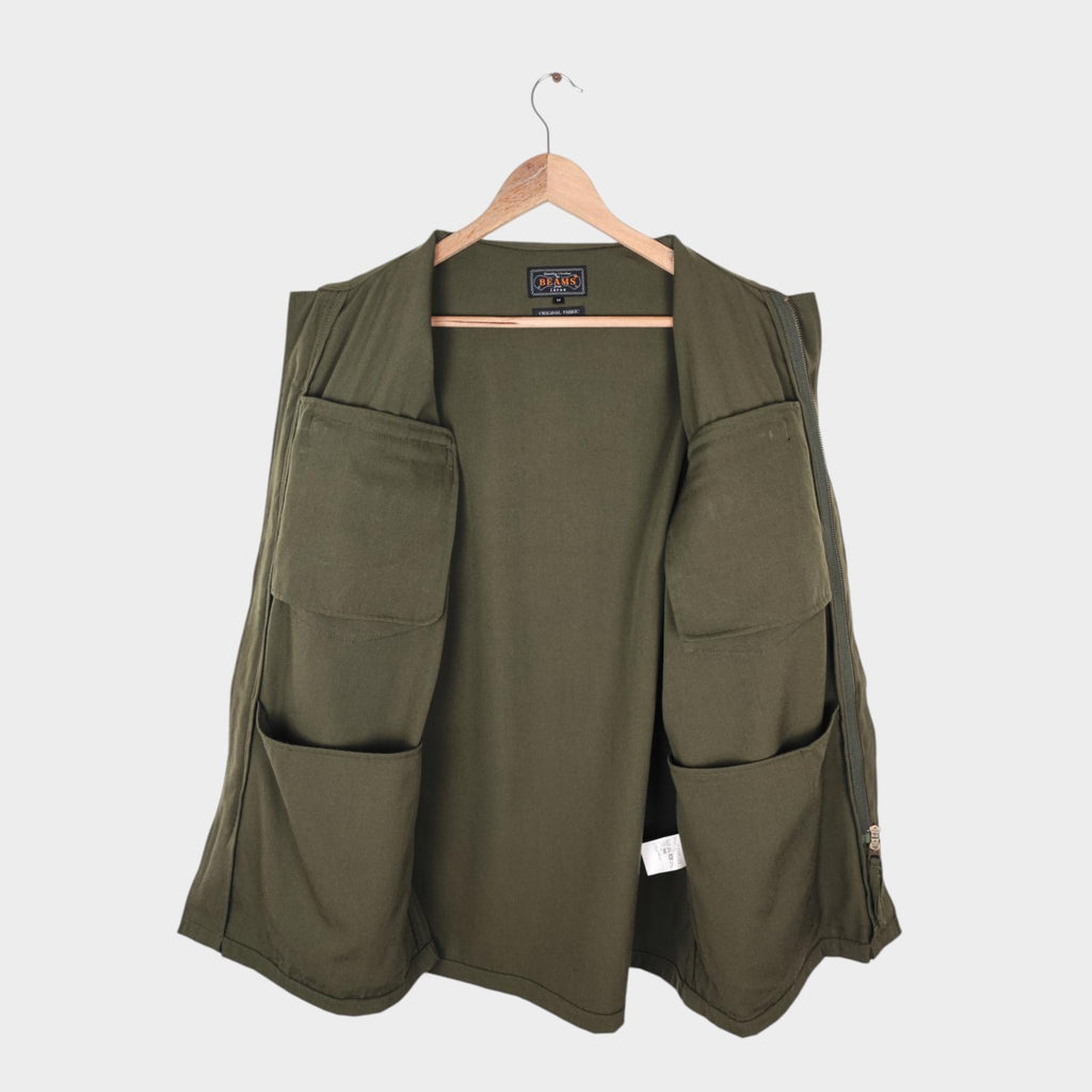 BEAMS PLUS Men's Green 100% Wool Military Zip Blouson Jacket