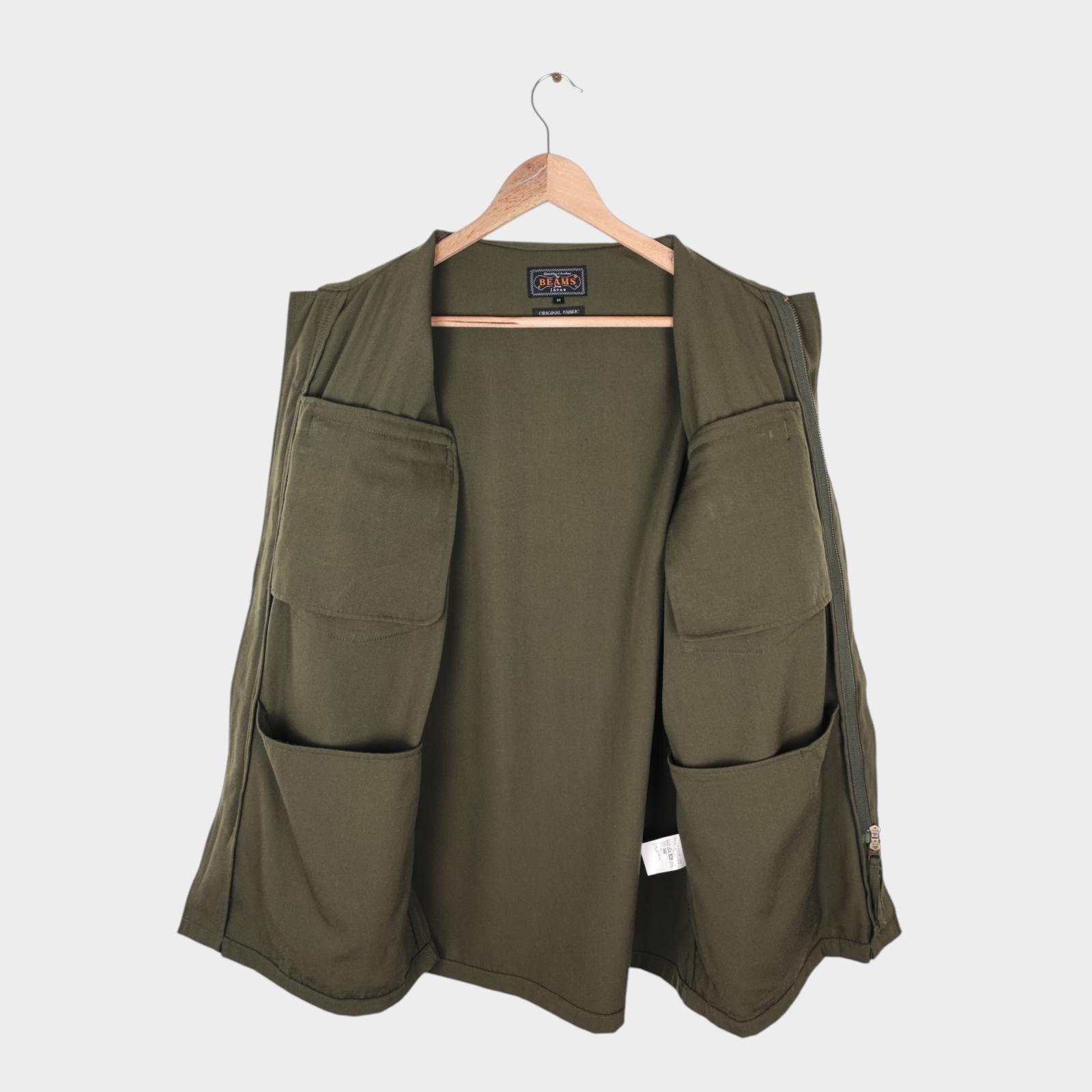 BEAMS PLUS Men's Green 100% Wool Military Zip Blouson Jacket